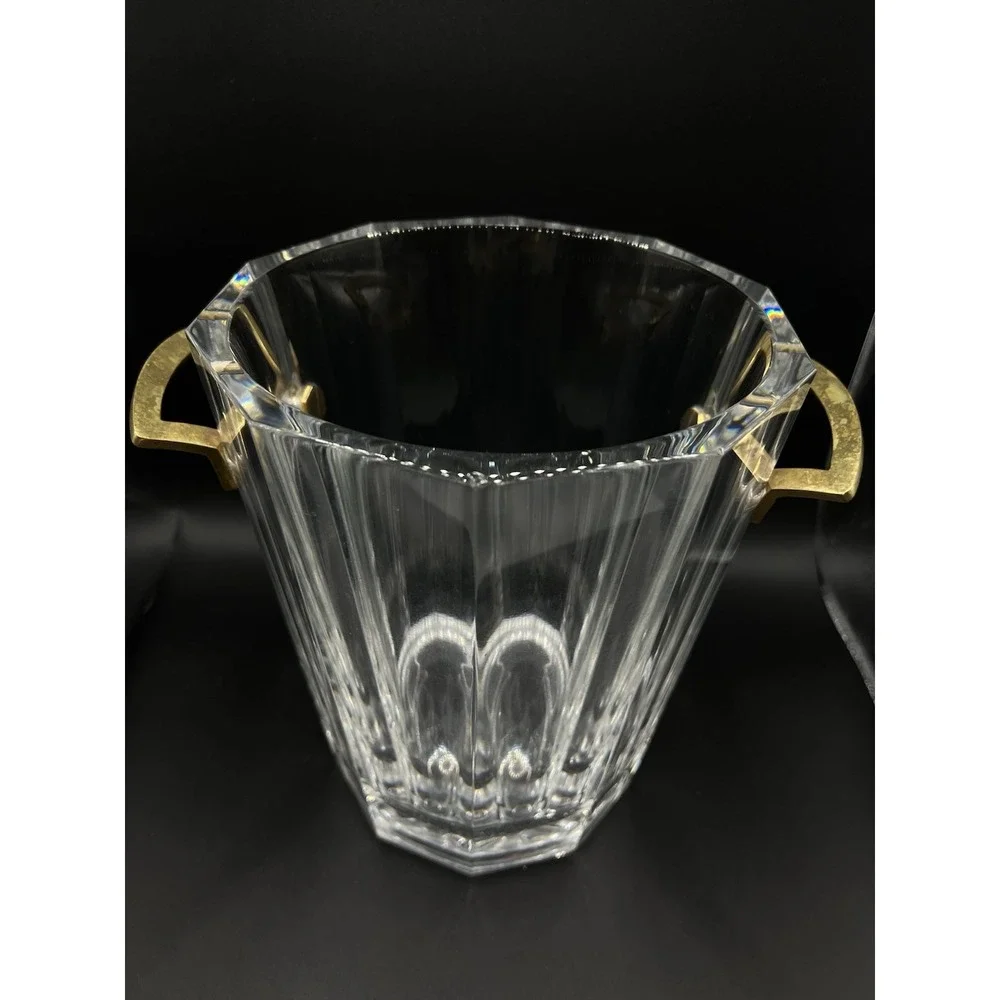 Vintage Baccarat Maxim Heavy Crystal Ice Bucket Brass Handles Signed